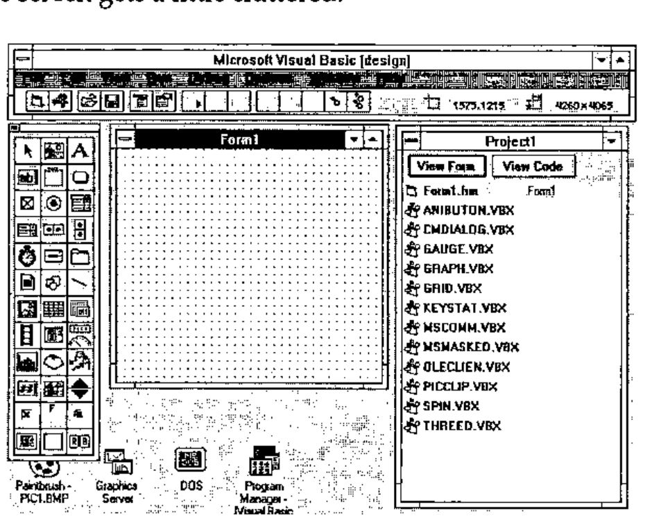 Microsoft Visual Basic [design]: the menu bar, the tool box, the empty Form1 with its snap grid, and the Project1 window listing Form1.frm and the VBX files