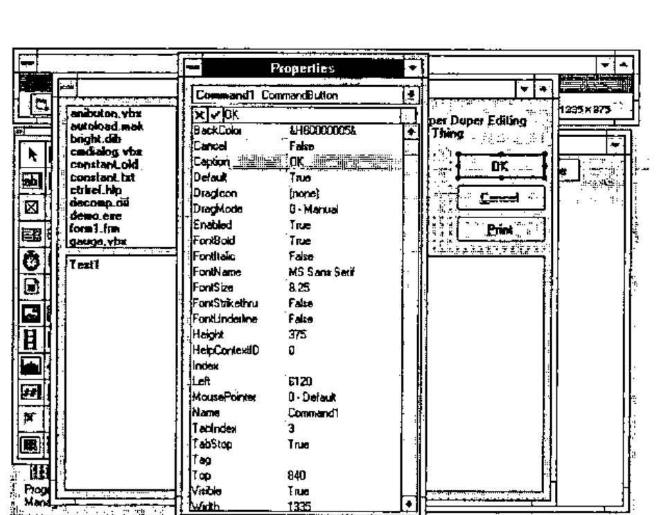 The Properties window for Command1 CommandButton, listing BackColor, Cancel, Caption OK, Default True, … Width 1335