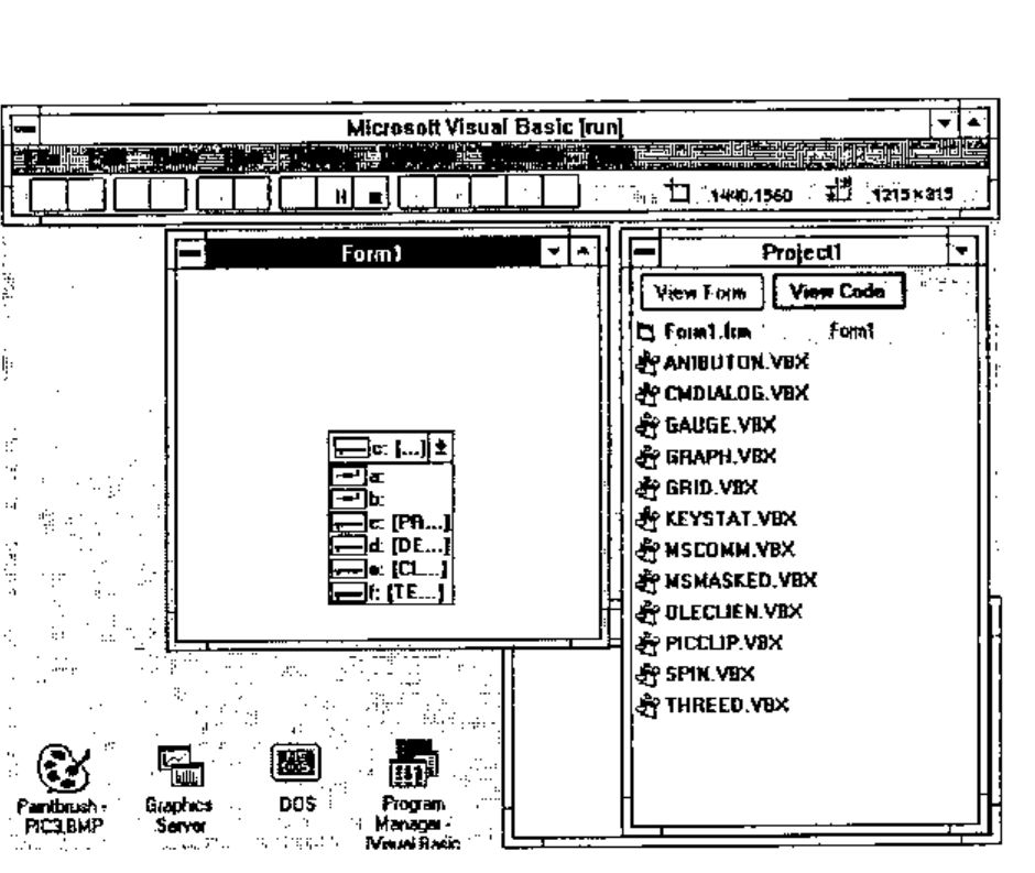 Microsoft Visual Basic [run]: Form1 with the drive list dropped down, showing drives a: to f: