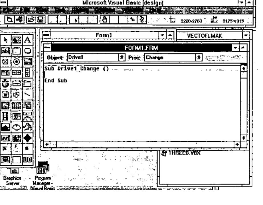 The code window FORM1.FRM, Object Drive1, Proc Change, showing an empty Sub Drive1_Change () … End Sub