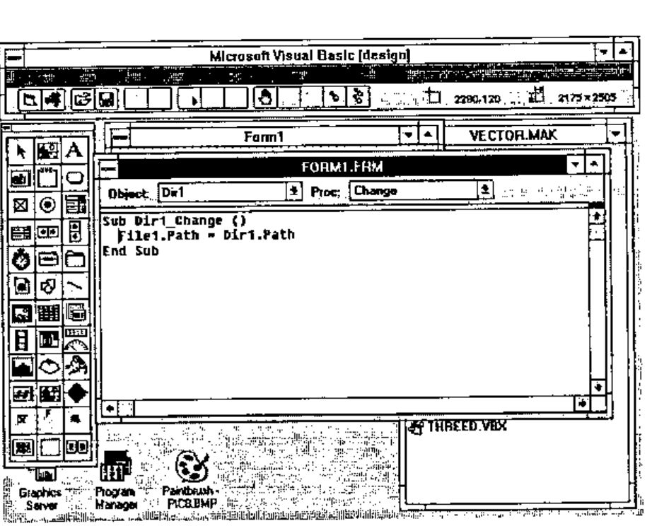 The code window with Sub Dir1_Change () / File1.Path = Dir1.Path / End Sub