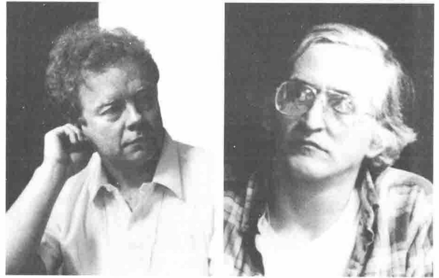 Two portraits side by side: a man with his hand at his ear, and a man in large glasses