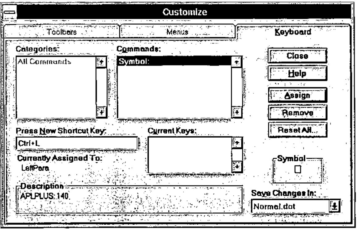 Word’s Customize dialog, Keyboard tab: the command Symbol, the new shortcut key Ctrl+L, currently assigned to LeftPara, and the description APLPLUS: 140