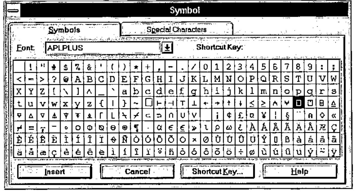Word’s Symbol dialog with the APLPLUS font selected, showing its character grid with the quad highlighted, and buttons Insert, Cancel, Shortcut Key and Help