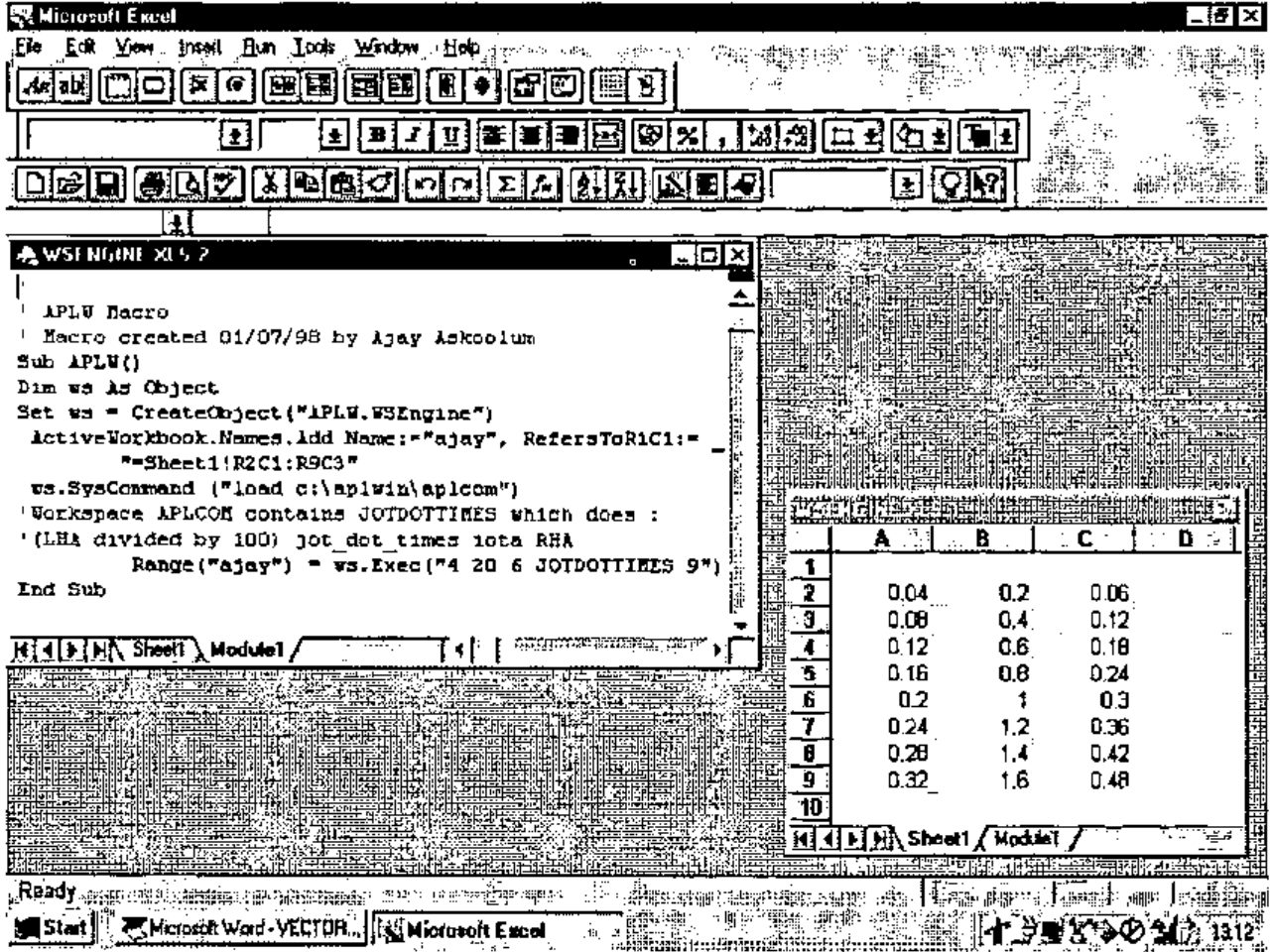 Microsoft Excel with a module window containing the APLW macro (CreateObject("APLW.WSEngine"), a SysCommand to load c:\aplwin\aplcom, and Range("ajay") = ws.Exec("4 20 6 JOTDOTTIMES 9")) and a sheet with values 0.04 0.2 0.06 to 0.32 1.6 0.48 in B2:D9