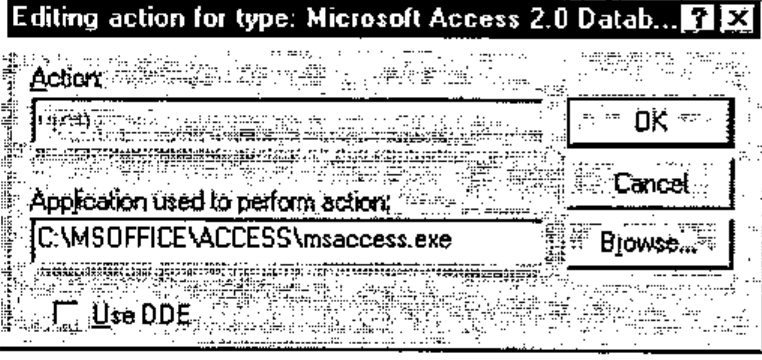 The dialog “Editing action for type: Microsoft Access 2.0 Database”, with Application used to perform action C:\MSOFFICE\ACCESS\msaccess.exe and Use DDE unchecked