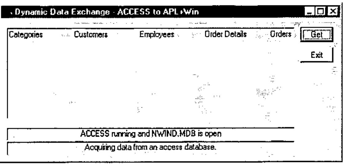 The DDE window listing the tables Categories, Customers, Employees, Order Details and Orders