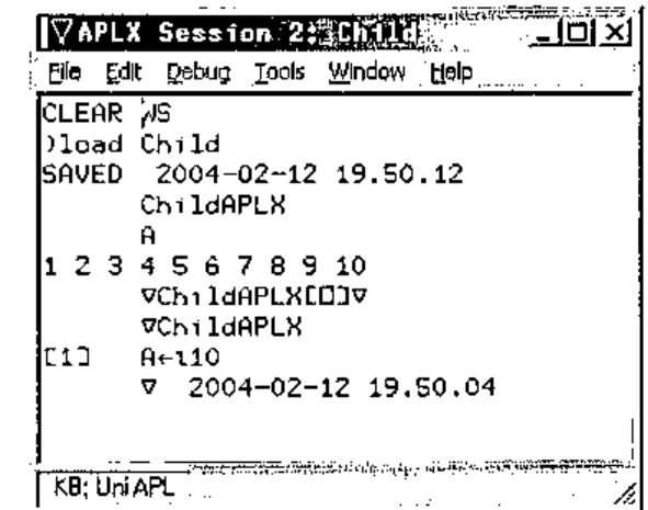 APLX Session 2: Child, showing )load Child, the run of ChildAPLX, the value of A (1 2 3 4 5 6 7 8 9 10), and the listing of ChildAPLX, whose one line is A←⍳10