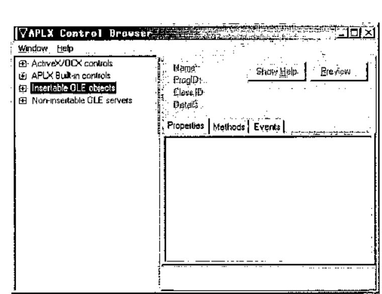 The APLX Control Browser, listing ActiveX/OCX controls, APLX built-in controls, insertable OLE objects and non-insertable OLE servers, with Properties, Methods and Events tabs