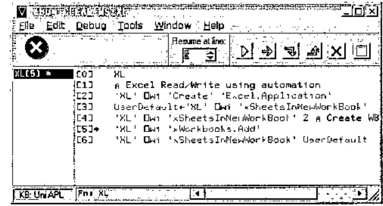 The debug window, stopped in a function XL that drives Excel by automation