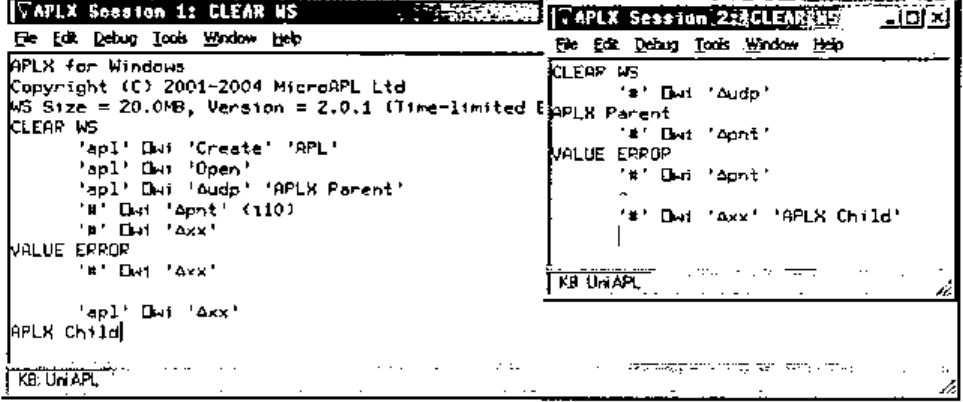 APLX Session 1 creates a child session and sets the delta properties ∆udp and ∆pnt; Session 2 reads them, and sets ∆xx on its own system object