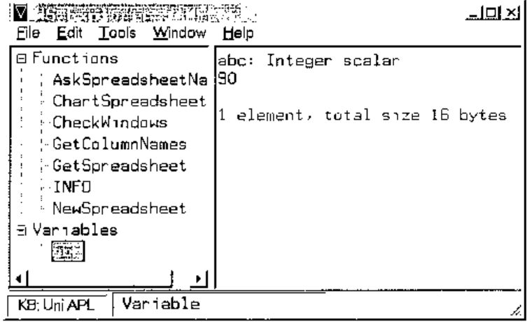 The Workspace Explorer, listing functions (AskSpreadsheetName, ChartSpreadsheet, CheckWindows, GetColumnNames, GetSpreadsheet, INFO, NewSpreadsheet) and variables, with the variable abc shown as an integer scalar 90