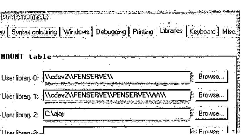 The Libraries tab of APLX Preferences: the ⎕MOUNT table with user libraries 0, 1 and 2 set to \cdev2\PENSERVE\, \cdev2\PENSERVE\PENSERVE\AA\ and C:\ajay