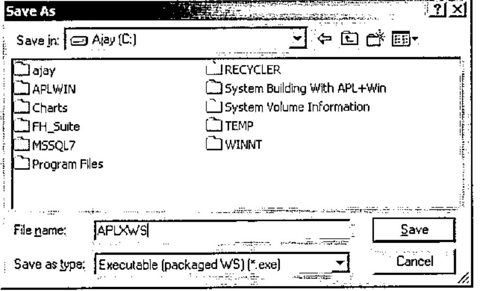 The Save As dialogue, with file name APLXWS and Save as type Executable (packaged WS) (*.exe)