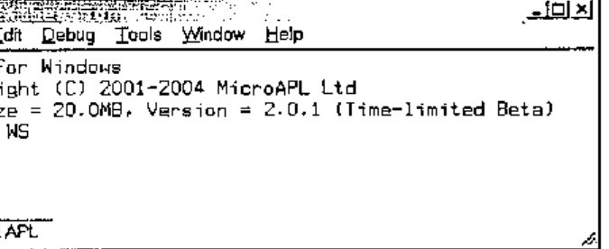 The APLX session window: APLX for Windows, Copyright (C) 2001-2004 MicroAPL Ltd, WS Size = 20.0MB, Version = 2.0.1 (Time-limited Beta), CLEAR WS