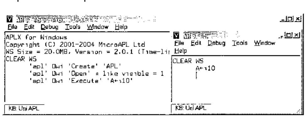 Two APLX sessions: the parent has run 'apl' ⎕wi 'Execute' 'A←⍳10', and the child session shows A←⍳10