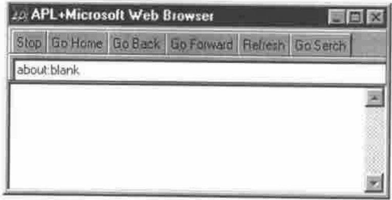 Figure 4: the APL+Microsoft Web Browser window, with buttons Stop, Go Home, Go Back, Go Forward, Refresh, Go Serch, the address about:blank and an empty page