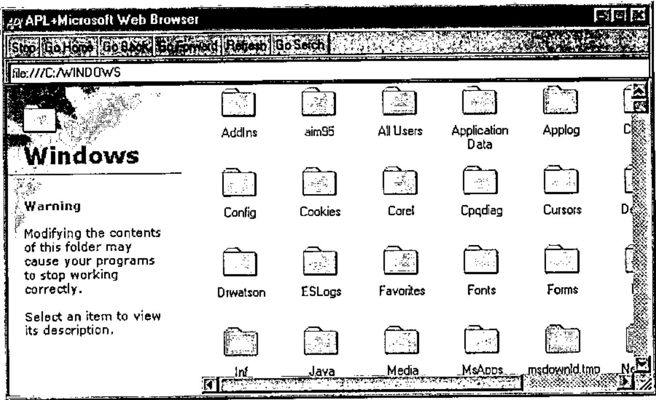 Figure 6: the window showing file:///C:/WINDOWS as a folder view, with a Windows warning panel and folder icons AddIns, aim95, All Users, Application Data, Applog, Config, Cookies, Corel, Cpqdiag, Cursors, Drwatson, ESLogs, Favorites, Fonts, Forms, Inf, Java, Media, MsApps, msdownld.tmp