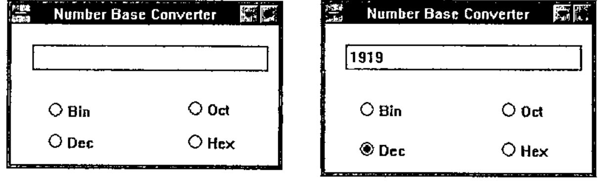 Two Number Base Converter windows with Bin, Oct, Dec and Hex radio buttons: one empty, one showing 1919 with Dec selected