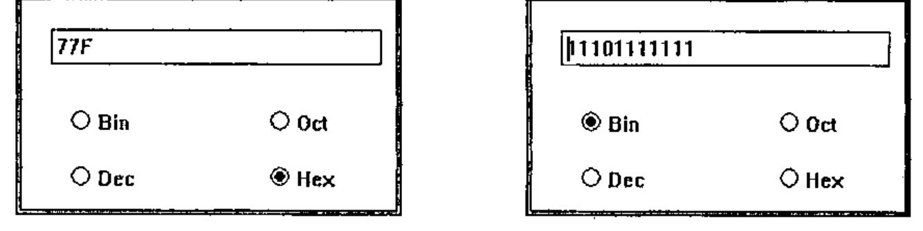 Two Number Base Converter windows: 77F with Hex selected, and 11101111111 with Bin selected