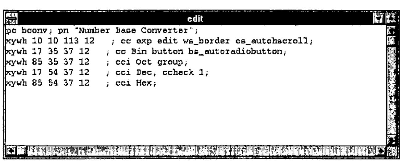 The edit window holding bconvwp: pc bconv; pn "Number Base Converter"; and five xywh … cc/cci lines for exp, Bin, Oct, Dec (ccheck 1) and Hex