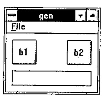 The gen window: a File menu, buttons b1 and b2, and an empty edit box