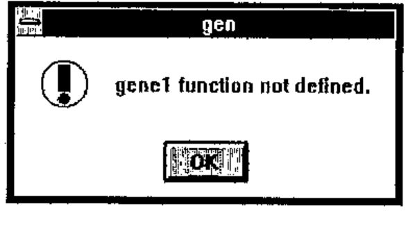 A message box titled gen: “gene1 function not defined.” with an OK button