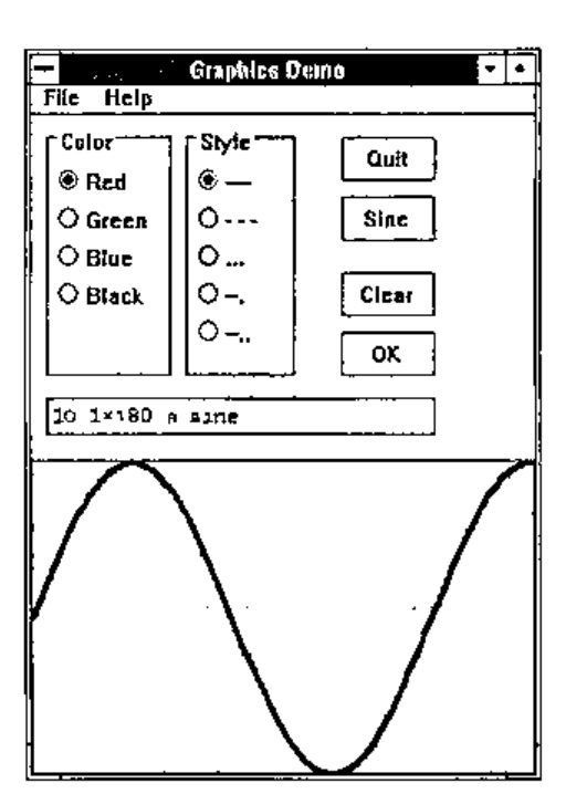 The Graphics Demo window: File and Help menus; Color radio buttons Red, Green, Blue, Black; Style radio buttons for line styles; Quit, Sine, Clear and OK buttons; an edit box holding 10 1×180 ⍝ sine; and a sine curve below