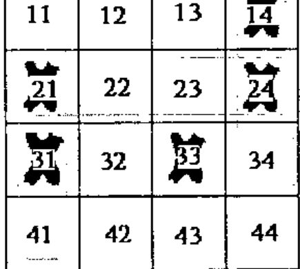 A 4 by 4 plane with slots numbered 11 to 44; X occupies 14, 21, 24, 31 and 33