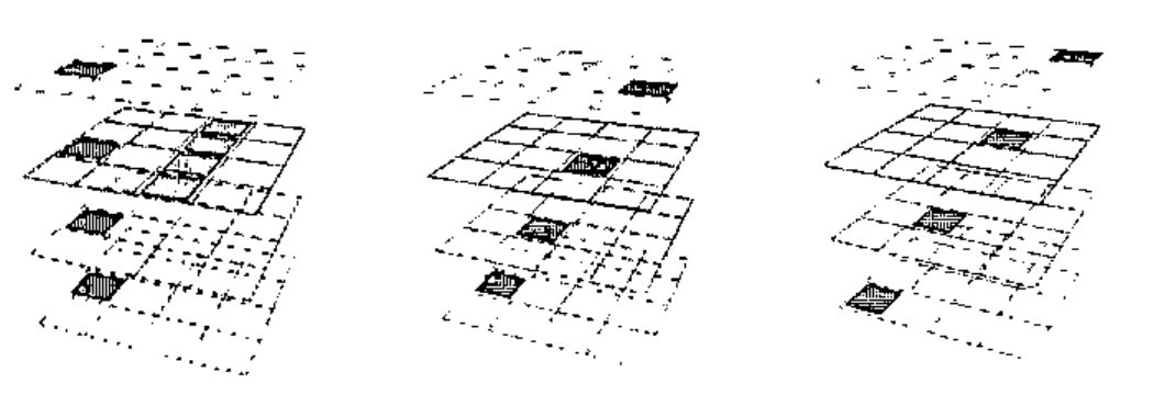 Three pictures of the cube as four stacked planes. In the first, 4 slots are lined up vertically and 4 others horizontally; in the second, the slots are lined up “sideways”; in the third, from one top corner to the opposite bottom corner