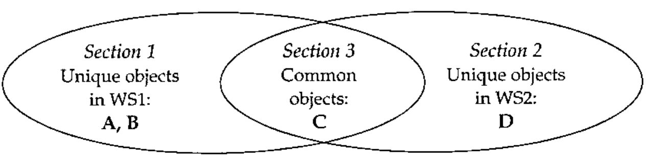 Venn diagram: Section 1, unique objects in WS1: A, B; Section 3, common objects: C; Section 2, unique objects in WS2: D