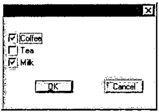 Click boxes Coffee (checked), Tea and Milk (checked), with OK and Cancel