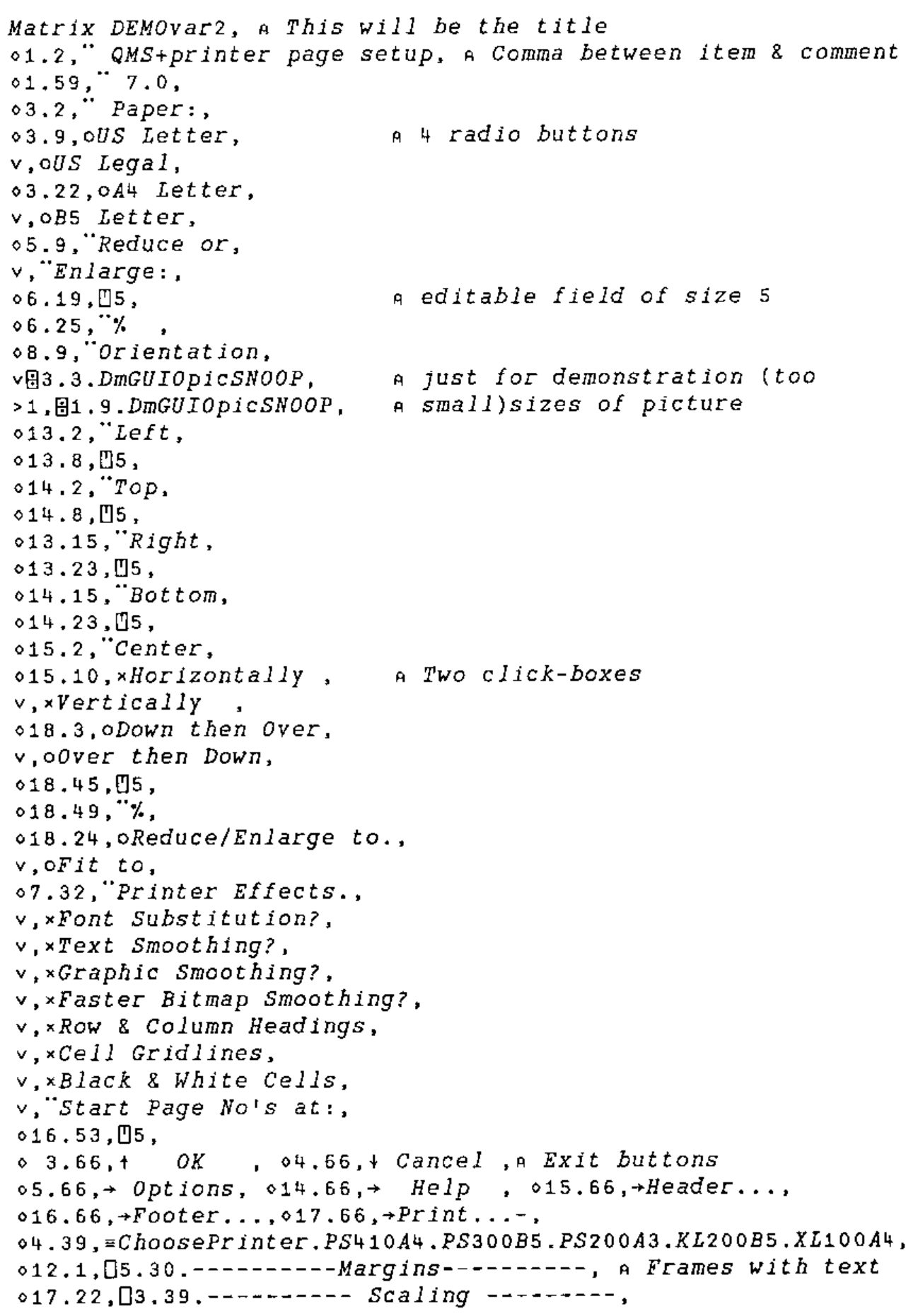 The DEMOvar2 matrix as printed