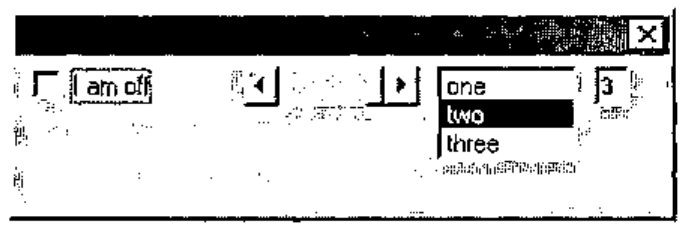 The four elements side by side: click box “I am off”, slider, list one/two/three, number field 3