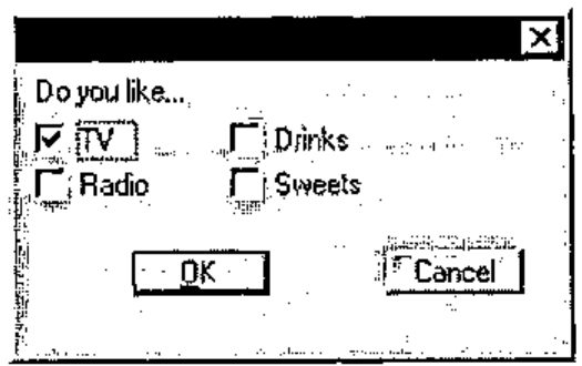 “Do you like...” with click boxes TV (checked), Drinks, Radio and Sweets in two columns