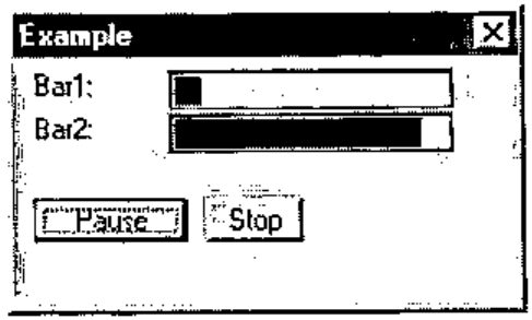 The progress dialogue “Example” with bars Bar1 and Bar2 and buttons Pause and Stop
