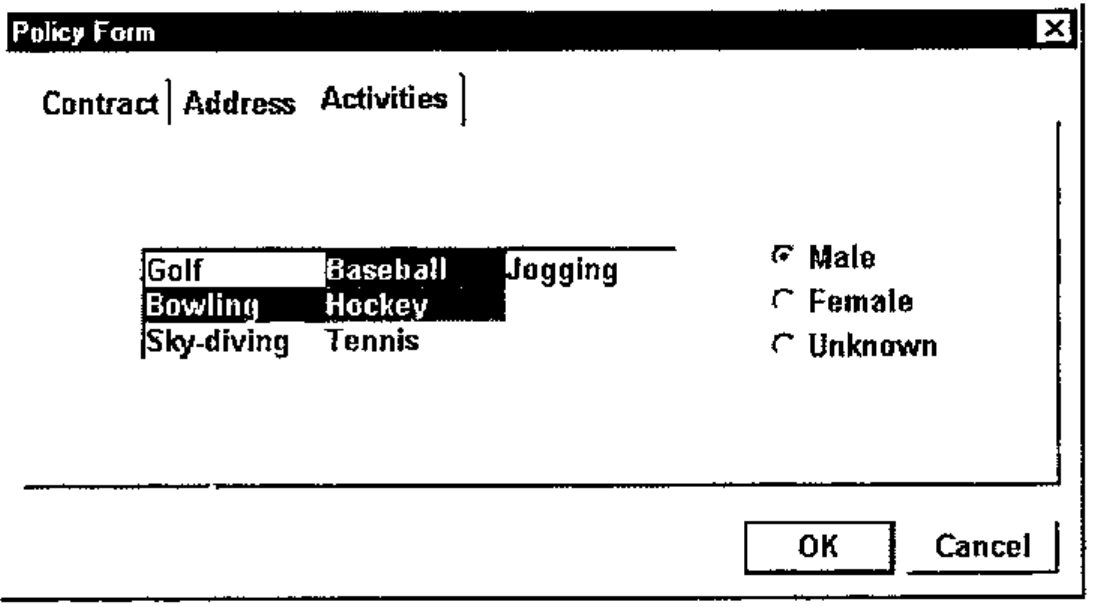 Policy Form, Activities page: a list of Golf, Bowling, Sky-diving, Baseball, Hockey, Tennis, Jogging with Bowling, Baseball and Hockey selected; options Male (selected), Female, Unknown