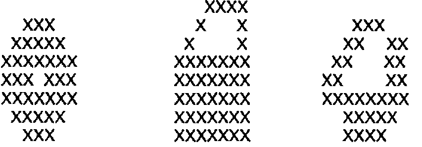 Three 8×8 patterns of X characters: the wheel and door of Figure 2, and a third shape with a sloping open outline above and a closed rounded base