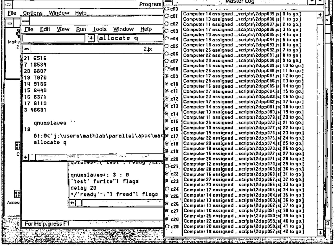 The master computer’s screen: a J session with qnumslaves and allocate q, and the Master Log window with 30 radio buttons c00–c29 and a stack of messages “Computer 14 assigned ...scripts\2dpp099.js[ 0 to go.]” and so on
