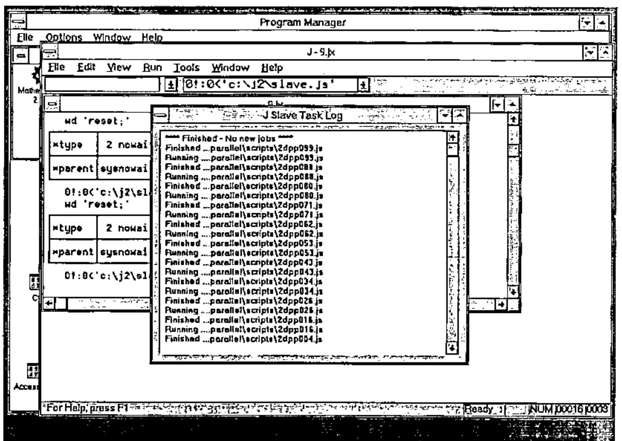 A slave computer’s screen: a J session running slave.js and the Slave Task Log window listing “Finished - No new jobs” and alternating Running and Finished entries for scripts 2dpp099.js down to 2dpp004.js