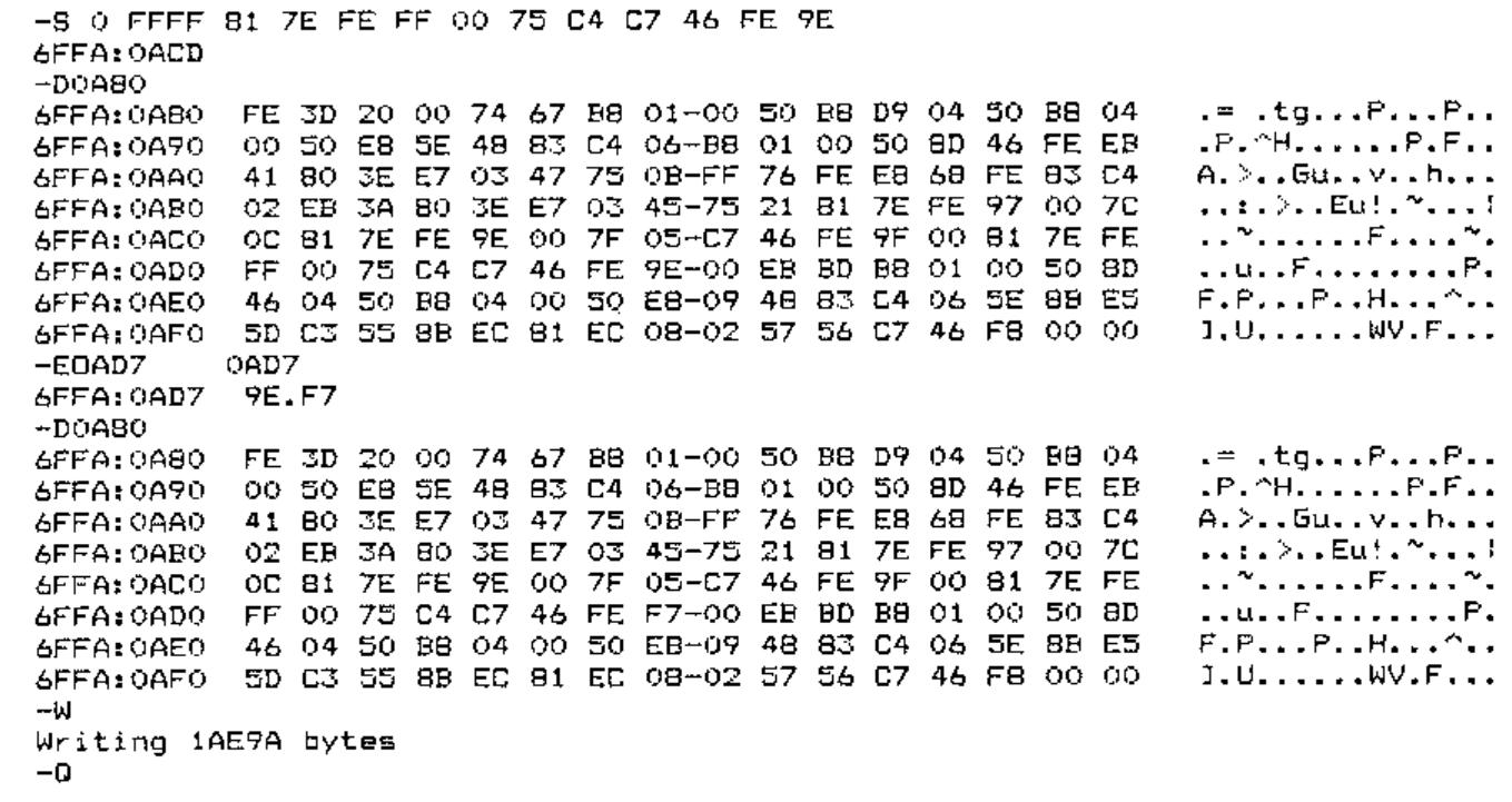Screen capture of the DEBUG session: the search, the two displays of the block at 6FFA:0A80 before and after 9E is changed to F7 at 0AD7, and the write of 1AE9A bytes