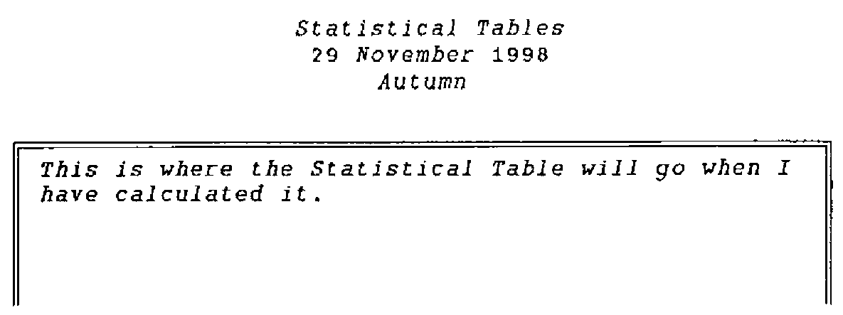 The page: “Statistical Tables”, “29 November 1998” and “Autumn” centred above a box containing “This is where the Statistical Table will go when I have calculated it.”