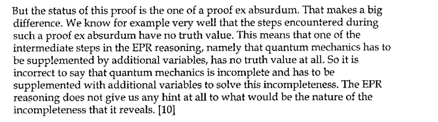 Quotation from Aerts [10]: the steps of a proof ex absurdum have no truth value, so the EPR reasoning gives no hint of the nature of the incompleteness it reveals.