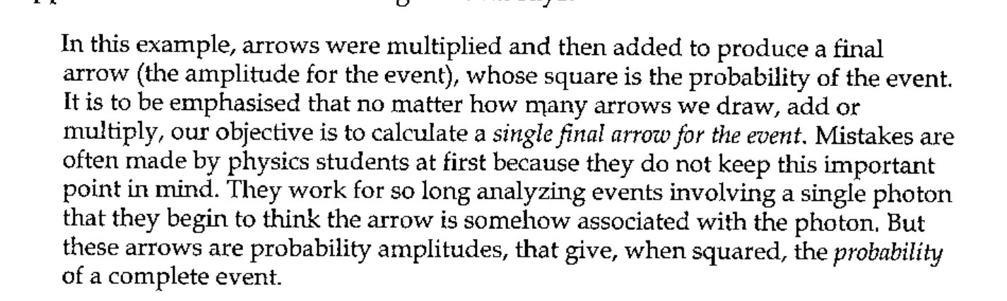 Quotation from Feynman, QED: arrows are multiplied and added to give a single final arrow for an event, whose square is the probability of the event; the arrow is not associated with the photon.