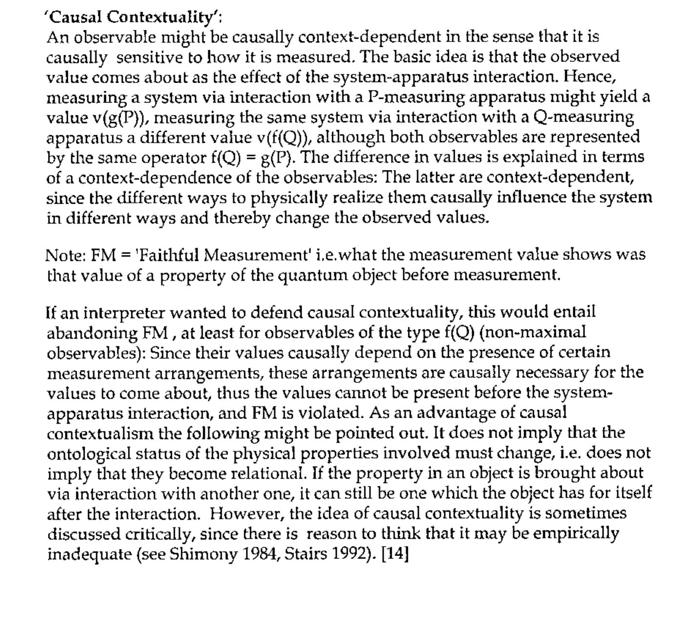 Quotation from the Stanford Encyclopedia of Philosophy entry on the Kochen–Specker theorem [14], under the heading ‘Causal Contextuality’, with a note defining FM as ‘Faithful Measurement’.