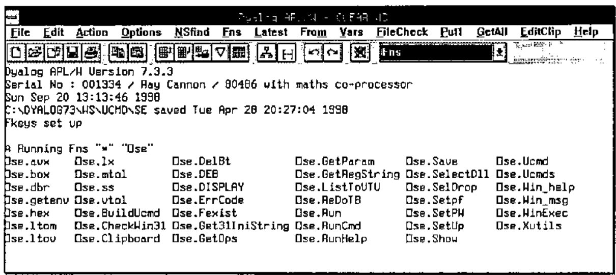 The session listing the functions in ⎕se in six alphabetical columns, from ⎕se.aux to ⎕se.Xutils