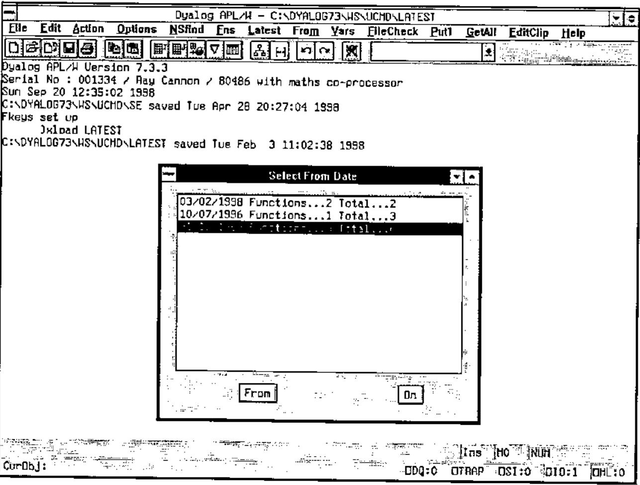 The Dyalog session with the Select From Date dialog: dates 03/02/1998 Functions...2 Total...2, 10/07/1996 Functions...1 Total...3, and a third selected line, with From and On buttons