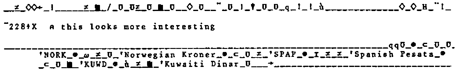 The displays of 80↑X and ¯228↑X: underscores and control-character glyphs, the second ending in 'NORK, 'Norwegian Kroner, 'SPAP, 'Spanish Pesata, 'KUWD and 'Kuwaiti Dinar separated by circle-star and other control glyphs