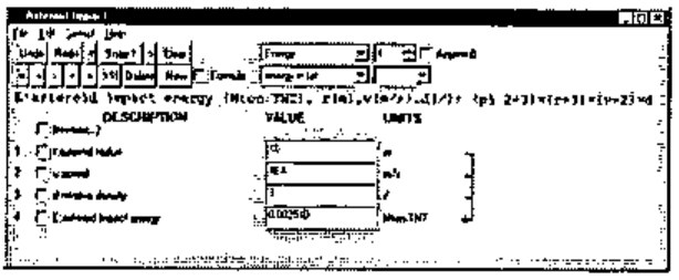 The asteroid impact energy calculation, with the formula for line 4 displayed
