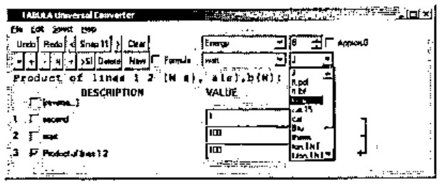 TABULA Universal Converter: line 3, product of lines 1 2, with the units list dropped down